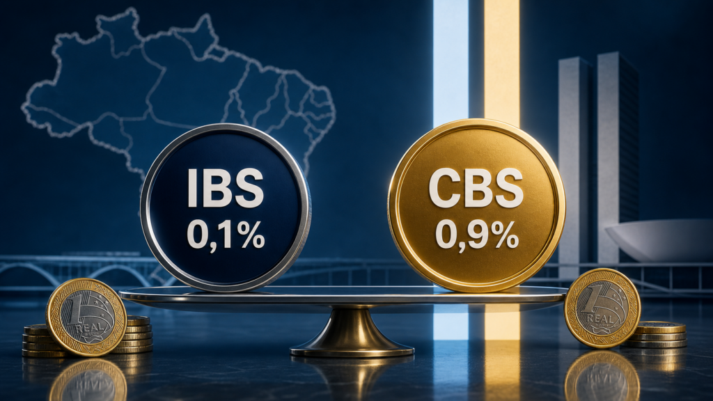Representação das alíquotas de teste do IBS e da CBS em 2026