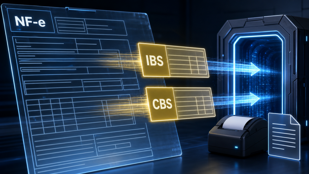 Documento fiscal eletrônico com campos destacados de IBS e CBS